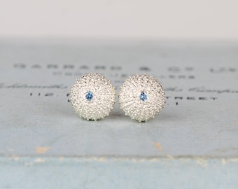 Sea Urchin Aquamarine Silver Studs - Shell Earrings - March Birthstone Silver Studs - Handmade in Orkney