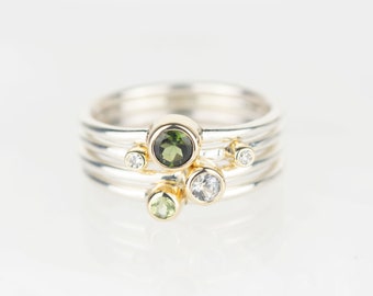 Hydrus - Green Tourmaline, Peridot, White Sapphire and Diamond Silver and Gold Andromeda Stacking Ring Set