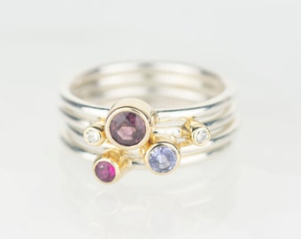 Lupus - Rhodolite Garnet, Ruby, Tanzanite and Diamond Silver and Gold Stacking Ring Set