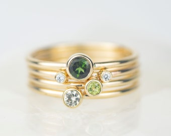 Hydrus - Green Tourmaline, Peridot, White Sapphire and Diamond Gold Andromeda Stacking Ring Set