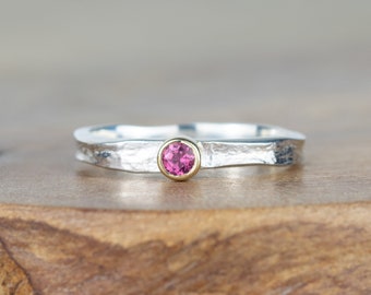 Pink Tourmaline Tess Silver and Gold Textured Storybook Ring -  October Birthstone Ring