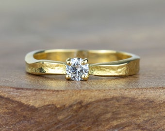 Tinkerbell - Claw Set Natural Diamond Textured Storybook Engagement Ring - Solid Yellow Gold