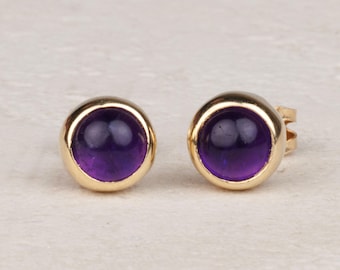 Solid 9ct Yellow Gold 6mm Round Cabochon Amethyst Studs