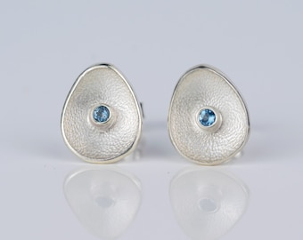 Aquamarine March Birthstone Earrings - Silver Oval Aquamarine Studs - Blue Gemstone Silver Textured Studs -Handmade Sterling Silver Earrings