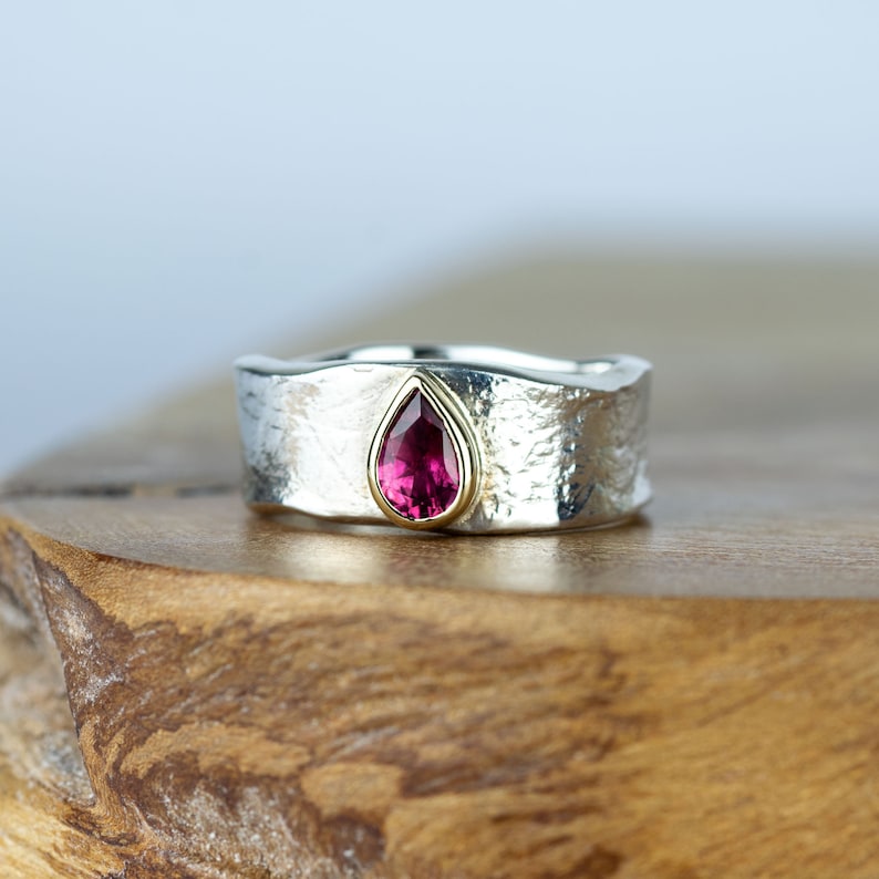 Pink Tourmaline Jorinda Teardrop October Birthstone Ring Wide Statement Ring Pear Tourmaline Silver and 9ct Gold Ring Gift For Her image 1