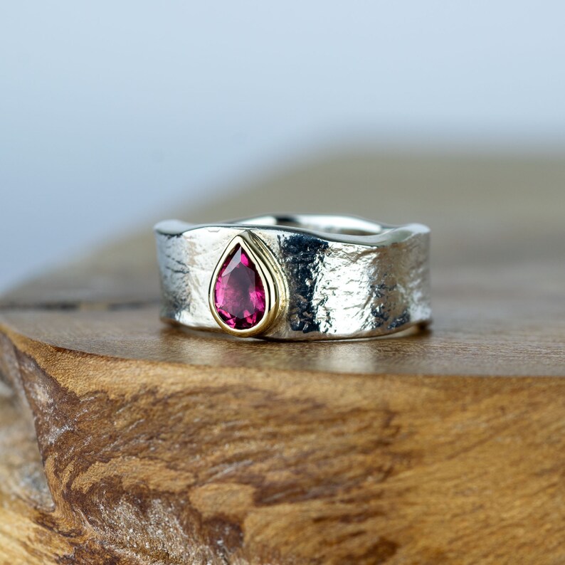 Pink Tourmaline Jorinda Teardrop October Birthstone Ring Wide Statement Ring Pear Tourmaline Silver and 9ct Gold Ring Gift For Her image 4