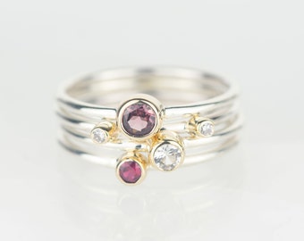 Cassiopeia - Rhodolite Garnet, Ruby, White Sapphire and Diamond Silver and Gold Stacking Ring Set