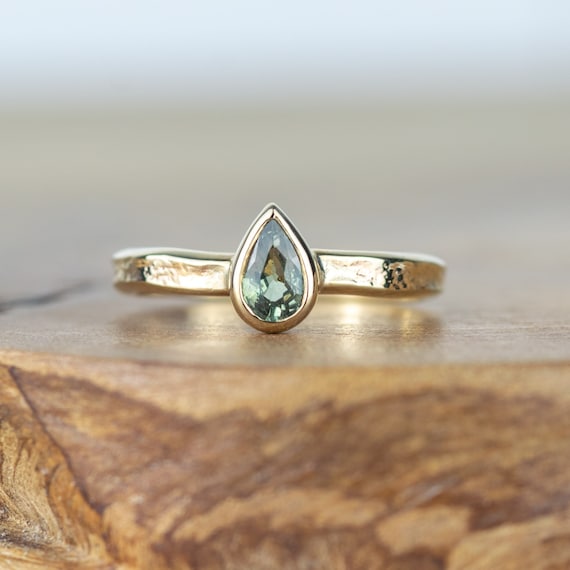 Solid Gold Green Sapphire Teardrop Ring - Gold Pear Sapphire Ring - Earthy Green Textured Engagment Ring - Handmade Scottish Ring