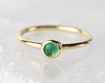 Natural Cabochon Emerald 4mm Gold Ring - May Birthstone - Cabochon Bezel Green Emerald Gemstone Stacker Ring - Handmade in UK