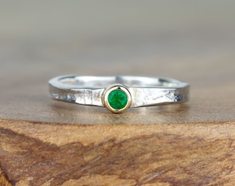 Emerald Tess Silver and Gold Textured Storybook Ring - May Birthstone Ring