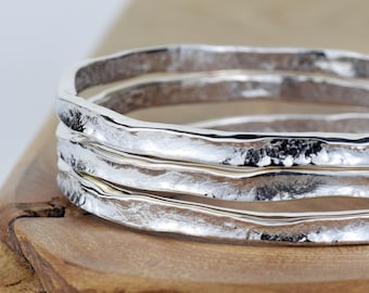 Textured Sterling Silver Bangle, Narrow Recycled Silver Leather Textured Bangle, Handmade Everyday Silver Stackable Storybook Bangle