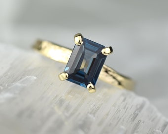 Guinevere Emerald Cut Rectangular London Blue Topaz Solid Gold Ring - Textured Band - Recycled Gold Handmade Scottish Ring - December Birth