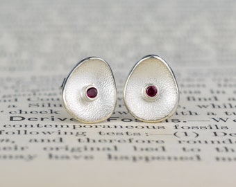 January Birthstone Garnet Silver Earrings - Recycled Sterling Silver - January Birthstone Jewellery - Sea Button Stud - Handmade in Scotland