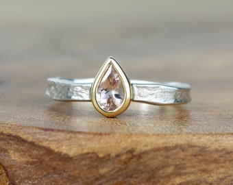 Morganite Teardrop Alice Textured Silver and Gold Ring