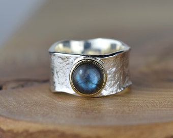 Katie - Wide Labradorite Statement Ring - Silver and solid 9ct gold