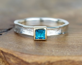 Square Swiss Blue Topaz Silver and Gold Textured Gretel Storybook Ring