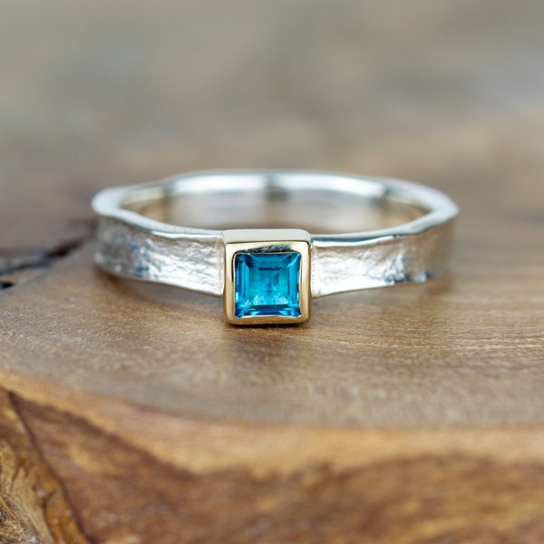 Square Swiss Blue Topaz Silver and Gold Textured Gretel Storybook Ring