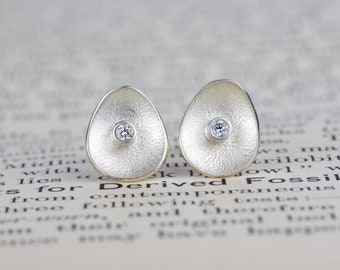 Diamond Silver Earrings - Textured Oval Pendant - Sterling Silver - April Birthday Jewellery - Sea Buttons -  Handmade in Scotland