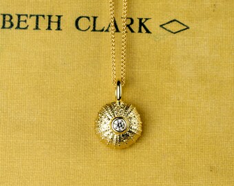 Diamond Gold Sea Urchin Pendant, Solid 9ct Gold Shell Necklace, Handmade In Scotland