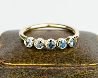 Five Stone Natural Teal Sapphire Solid 9ct Gold Engagment Ring - Green Blue Sapphire Forever Eternity Ring - Handmade in Scotland