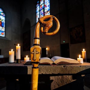 May include: A carved wooden crozier featuring a bird motif and a cross emblem, with a light brown finish. The crozier is placed on a stone surface, alongside an open book and lit candles in a church.
