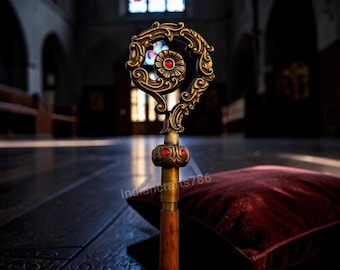Ornate Bishop Staff with Red Gemstones – Religious Ceremonial Regalia