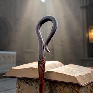May include: A dark brown wooden shepherd's crook cane with a curved handle. The cane is standing in front of an open book. The background is a dimly lit room with a stone wall and a light source.