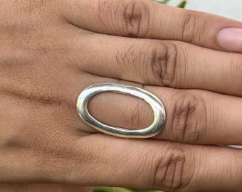 Oval Sterling Silver Ring – Modern Minimalist Statement Ring, Handmade 925 Silver Ring, Unisex Contemporary Jewelry