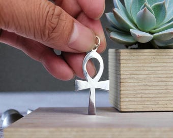 シルバーアンククロスペンダントネックレス - 925スターリングシルバー