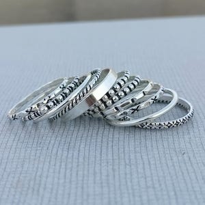 Sterling Silver Stacking Rings Set: Assorted Patterns, Thin & Thick