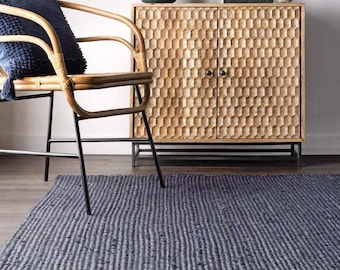 Handmade Iron Grey Jute Rug, Natural Hemp, Boho Farmhouse Style