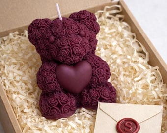 Rose Teddy Bear Candle Gift Box– Personalized Handmade Valentine Gift, Anniversary, Wedding, Love Decor