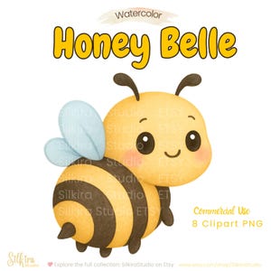 May include: Watercolor illustration of a smiling cartoon bee with the text "Honey Belle" in yellow. The bee is yellow and black with light blue wings. The image includes the text "Commercial Use 8 Clipart PNG".