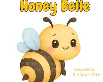 Clipart z pszczołami, uroczy kawaii trzmiel PNG, 8 ilustracji akwarelowych z miodem, naklejki z pszczołami, sublimacja, wykorzystanie komercyjne