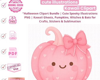 Kawaii Halloween Clipart: Pink Pastel Ghost, Pumpkin, Bat (PNG, JPG, PDF Download