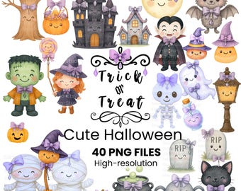 Kawaii Halloween Clipart: Watercolor Witch, Vampire, Haunted House (PNG Digital Download)