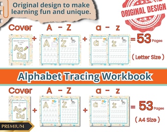 Alphabet Tracing Worksheets, Printable Letter Tracing A-Z Uppercase Lowercase, Preschool Kindergarten Handwriting Practice PDF