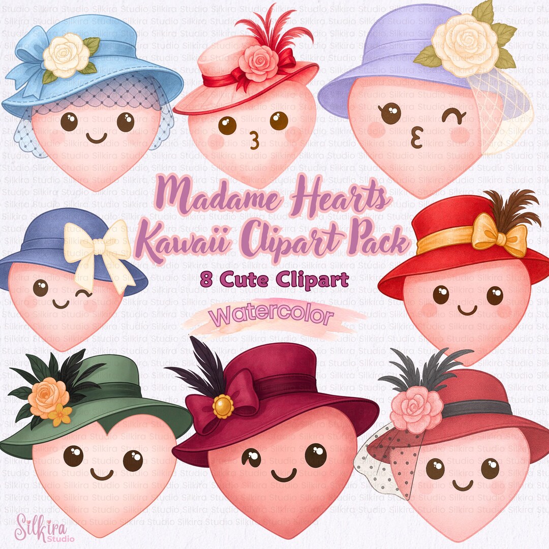 かわいいクリップアートパック：ヴィンテージ帽子、水彩ハート（PNG、PDF） - Etsy 日本, image size:1080x1080