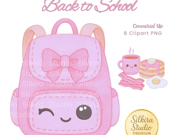 Back to School Clipart PNG, Watercolor School Supplies, Kawaii Backpack & Notebooks, 8 PNG + Lettering, Teacher Clipart, Commercial Use