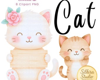 Kawaii Cat Clipart Watercolor PNG | Transparent cats for Invitations, Planners, Sublimation & Stickers | Commercial License