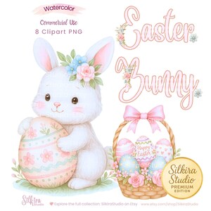 May include: A watercolour illustration of an Easter theme. It features a white bunny holding a decorated egg, a basket of eggs, and the words "Easter Bunny" in pink script. The image includes the text "Happy Easter".