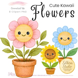 Puede incluir: Ilustración en acuarela de tres lindas flores kawaii en macetas de terracota. Las flores son rosas, azules y amarillas con caras sonrientes. La imagen incluye el texto "Cute Kawaii Flowers" y "Silkira Studio".