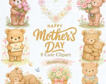 Clipart de oso de acuarela para el Día de la Madre: Kawaii PNG (Descarga digital)