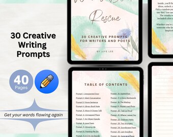 May include: A digital tablet displays a book cover with the title "Writer's Block Rescue" and the text "30 Creative Writing Prompts." The image includes a table of contents with writing prompts. The text "Get your words flowing again" is also visible.