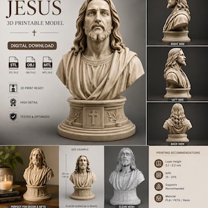 Könnte beinhalten: Ein druckbares 3D-Digitalmodell einer Jesus-Büste mit langem Haar und Bart auf einem Sockel mit Kreuz-Emblem. Enthält STL-, OBJ- und MTL-Dateiformate, Druckempfehlungen sowie eine Größenreferenz von 20 cm für das fertige Druckobjekt.