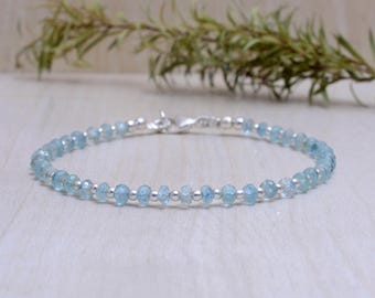 Pulsera de aguamarina con relleno de oro rosa o plata de ley, delicada joyería de aguamarina con cuentas, regalo de piedra natal de marzo