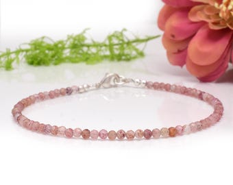 Dainty Strawberry Quartz Gemstone Bracelet With Sterling Silver Adjustable Clasp, Bohemian Crystal Healing Stacking Bracelet, Self Love Gift