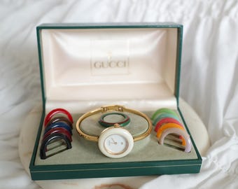 Vintage Gucci Bezel Watch with 12 Interchangeable Bezels, Swiss Made Timepiece
