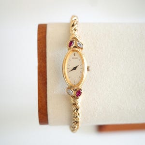 Rare 1990s Vintage Seiko Tisse Ruby & Gemstone Watch | Gold Tone Dainty Ladies Bracelet Watch | Collectible Jewelry Watch