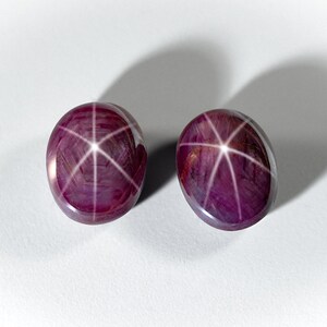 Può includere: Due gemme ovali e lucide, di un profondo colore magenta. Ogni gemma mostra un motivo a stella a sei raggi, che irradia dal centro. Le gemme sono su uno sfondo bianco, con un'ombra proiettata di lato.